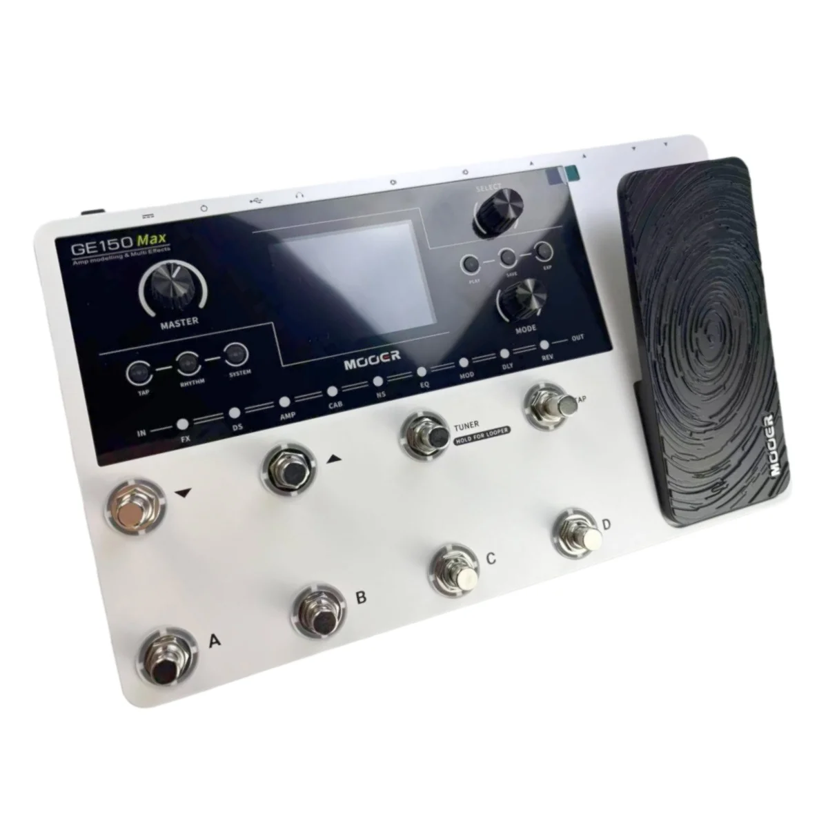 MOOER GE150 MAX Amp النمذجة ودواسة متعددة التأثيرات: 200 إعداد مسبقًا/55 أمبير/8 مفاتيح قدم/شاشة LCD مقاس 3.5 بوصة/آلة طبلة وبطول