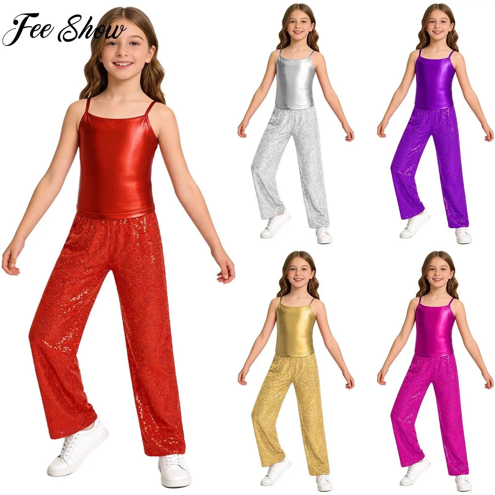 女の子用光沢のあるスパンコールパンツとメタリックキャミソールジャズダンスセット、スパゲッティストラップ、伸縮性のあるウエストバンド、伸縮性があり、リサイタルステージショーに最適です。