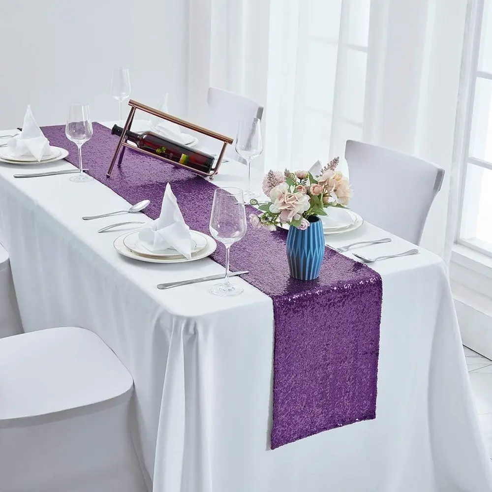 مفارش طاولة بالترتر الأرجواني، مجموعة من 10 قطع، 12 قدم × 108 بوصة، مثالية لحفلات الزفاف وأعياد الميلاد والحفلات والاستحمام