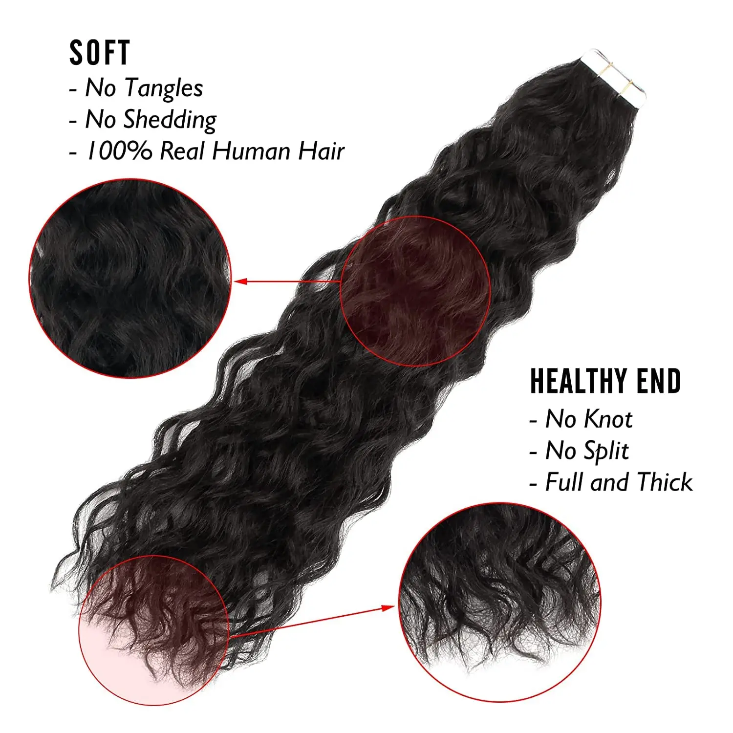 Cinta de onda de agua en extensión de cabello humano brasileño, cinta de trama de piel en cabello humano rizado, cinta de 20 piezas en extensiones de cabello