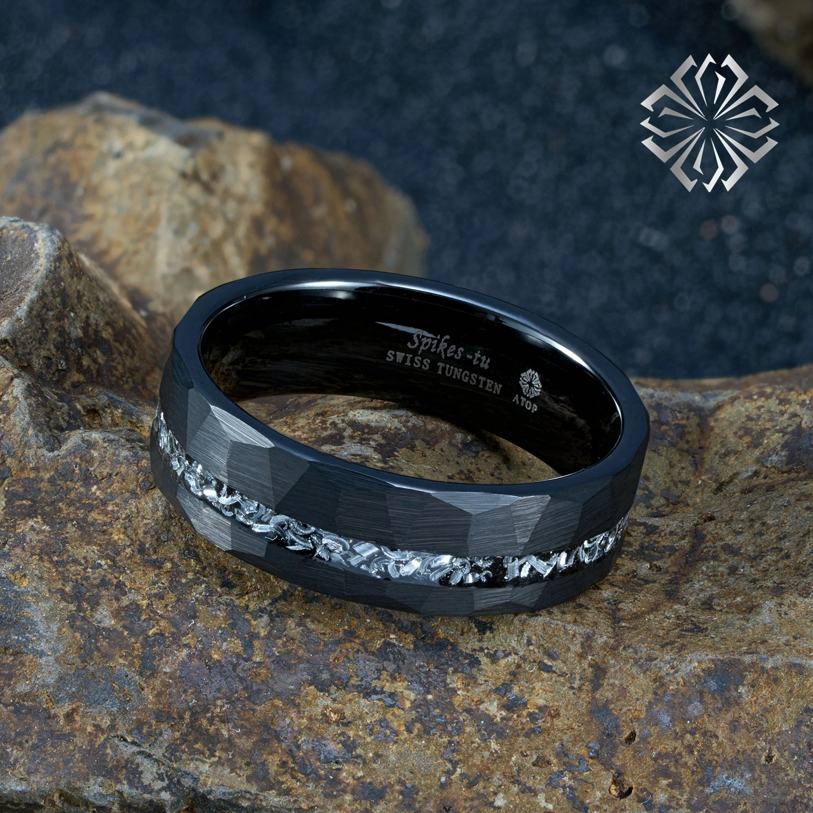 8mm Black Meteorite Tungsten Ring Sliver Line Mens Wedding Band ATOP Jewelry