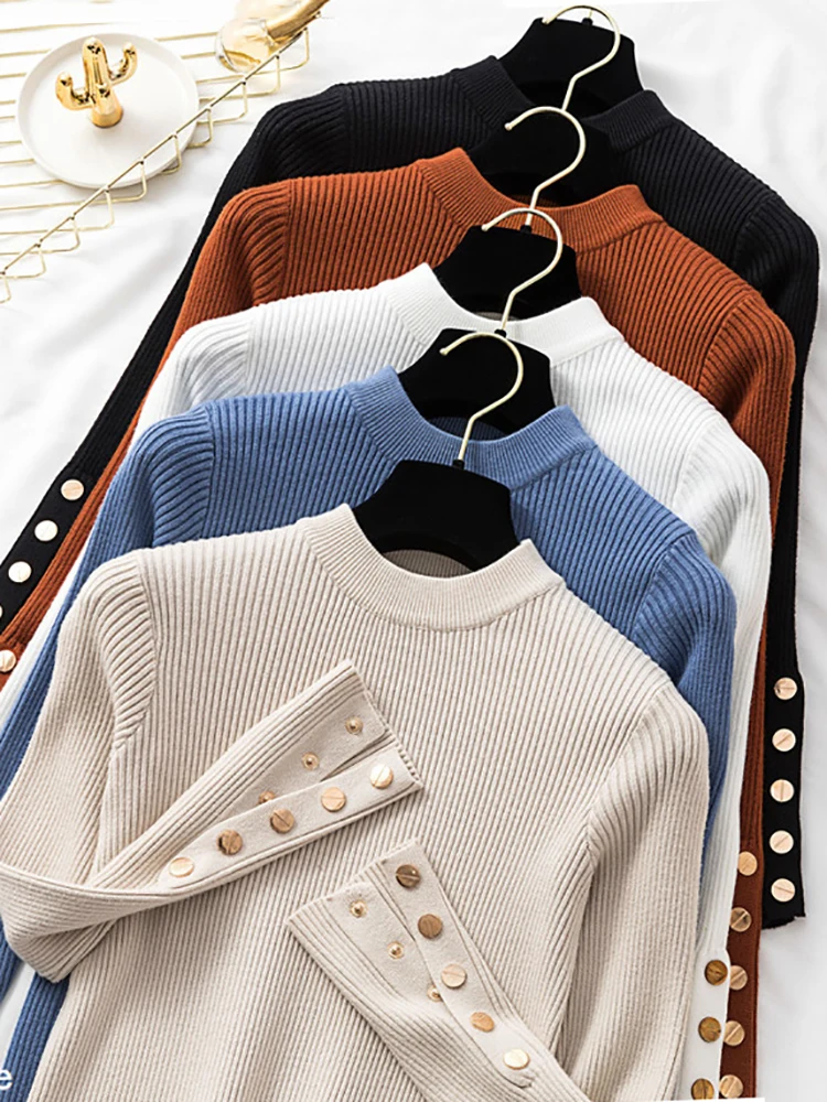 Casual Autumn Winter Women Thick Sweater Pullovers Button Long Sleeve O-neck chic Sweater Female Slim Knitted Soft Jumper Tops