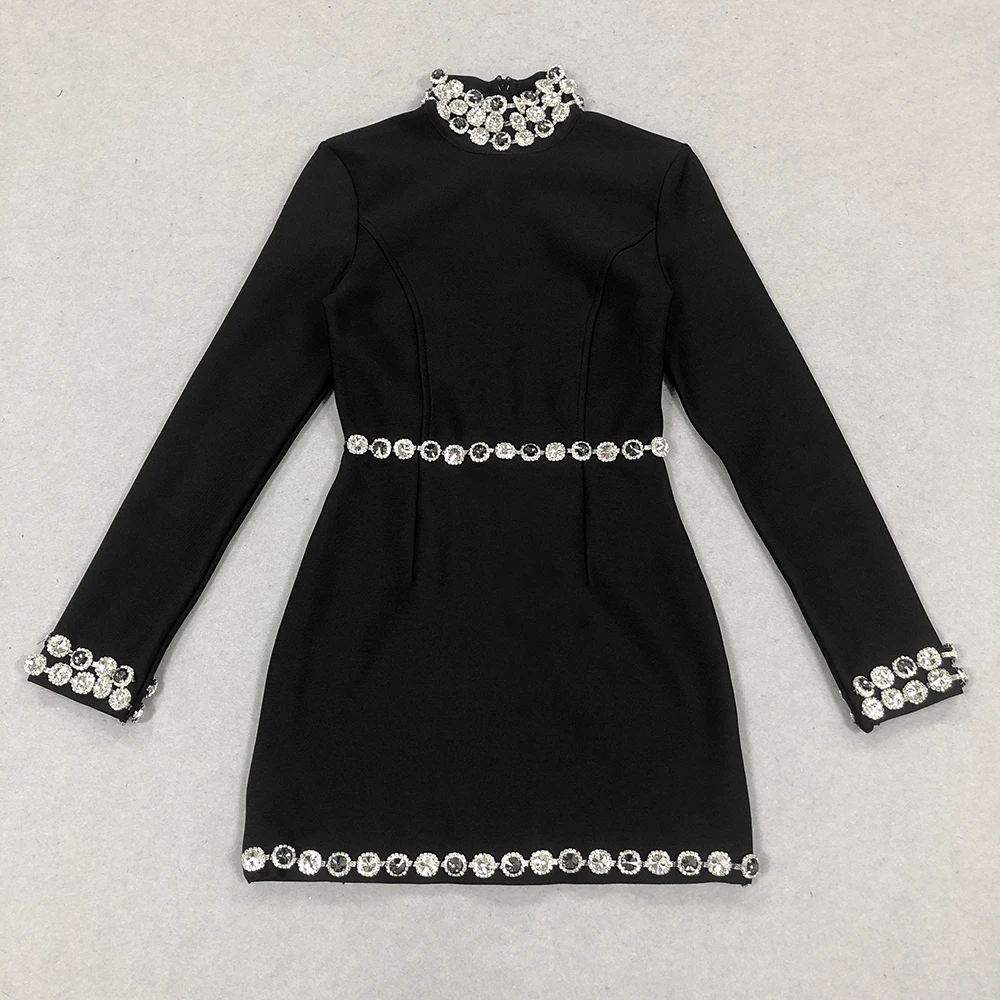 GORAFASHION Black Fashion Flower Decor Slim Fit Long Sleeves Slim Mini Dress 2024 Rayon Diamond Bandage Party Dress