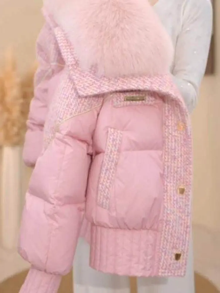

Розовая женская утепленная куртка с большим меховым воротником, стильная теплая верхняя одежда в корейском стиле, свободный крой, длинный рукав
