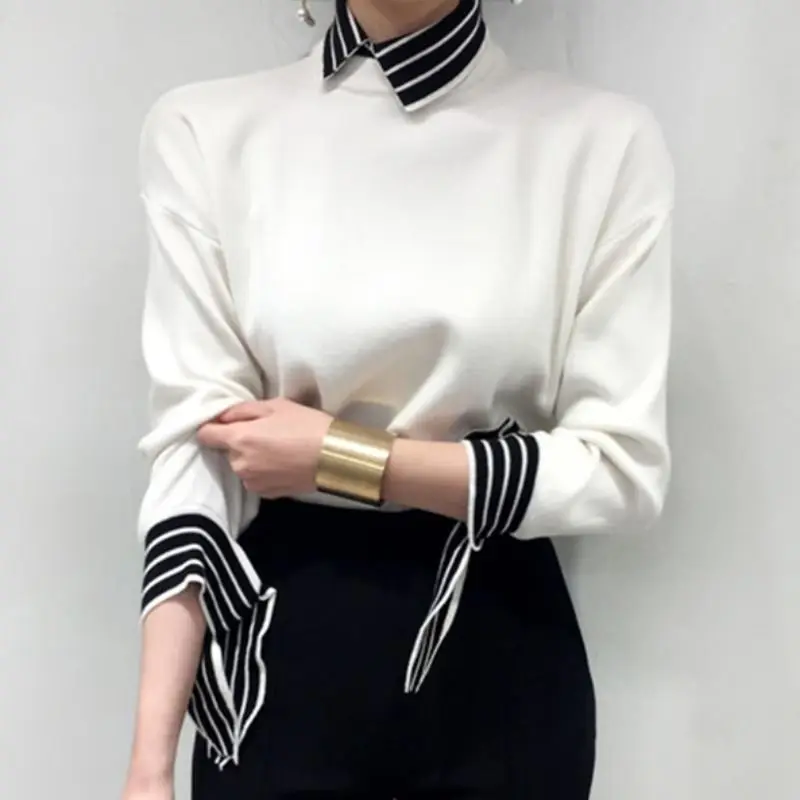 2023 Women's Autumn New Fashion Elegant Striped Collar Spliced Irregular Commuter Versatile Long Sleeve Slim Fit T-shirt Tops