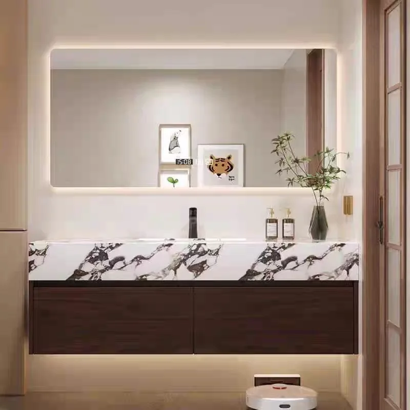 zn-Modern Custom Bathroom Vanity with for Bulgari Marble Seamless Sink Lacquer Door Panel Waterproof Feature Smart Mirror@