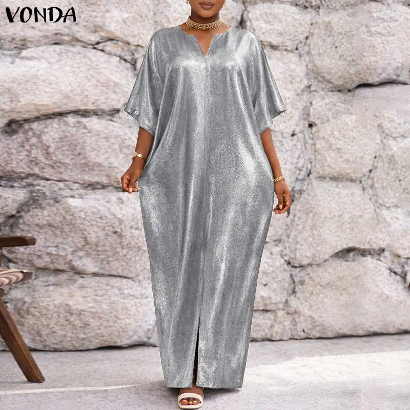 

VONDA Elegant Women Plus Size Dress Summer Short Sleeve Long Maxi Dresses V Neck OL Work Party Vestidos Casual Streetwear