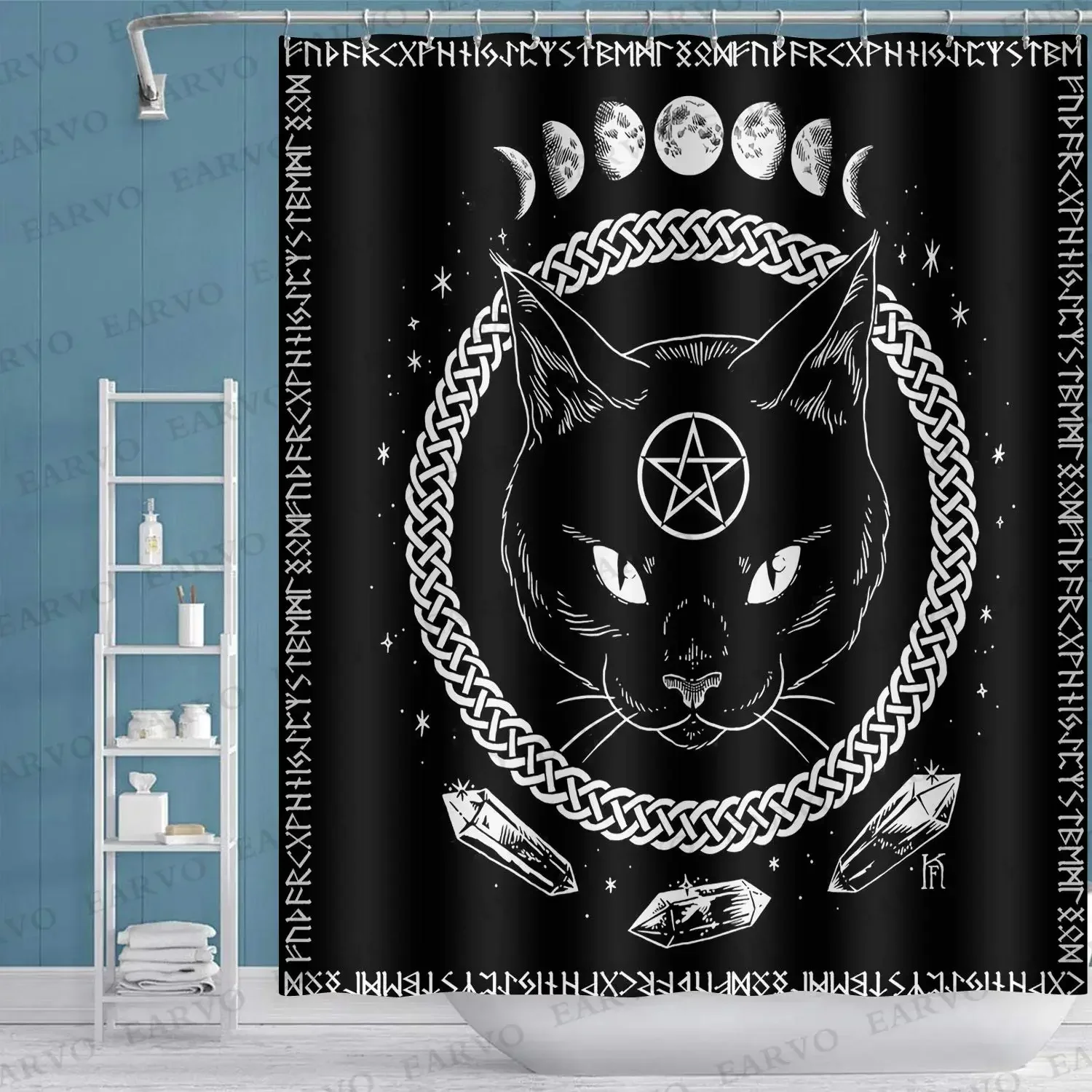 Satanic Cat Shower Curtain,Gothic Satanic Cat Pentagram Death Black Metal Waterproof Polyester Bathroom Curtains Set with Hooks