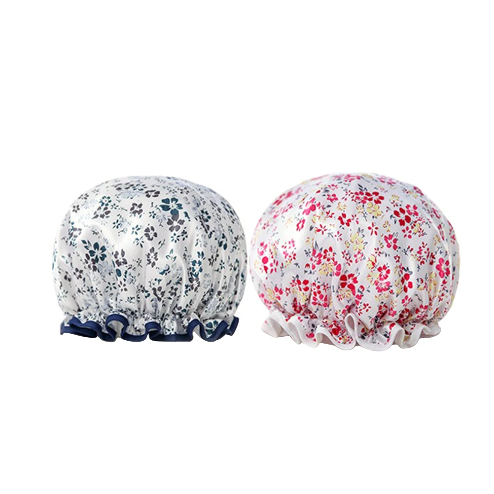 

2pcs Waterproof Shower Caps For Women Bathing Double Layer Elastic Foldable Bath Hat Spa Salon Use Anti-Oil Hair Protection