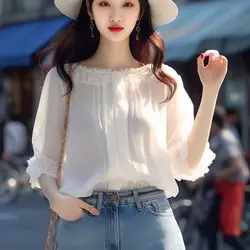 Women Summer Fashion Loose Lace Solid Color Patchwork Slash Neck 3/4 Sleeve Chiffon Shirts Ladies Casual All-match Trend Top Tee