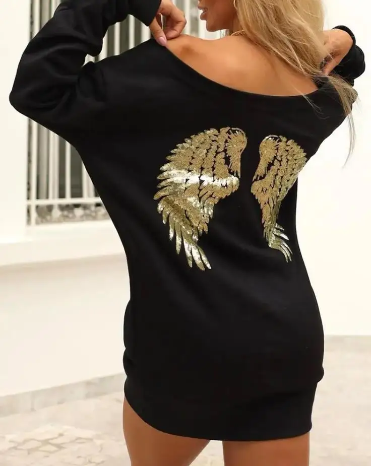

Women's Versatile Long Sleeve Top Eye-Catching Back Sequin Accent and Loose Sweatshirt Style Daily Wear