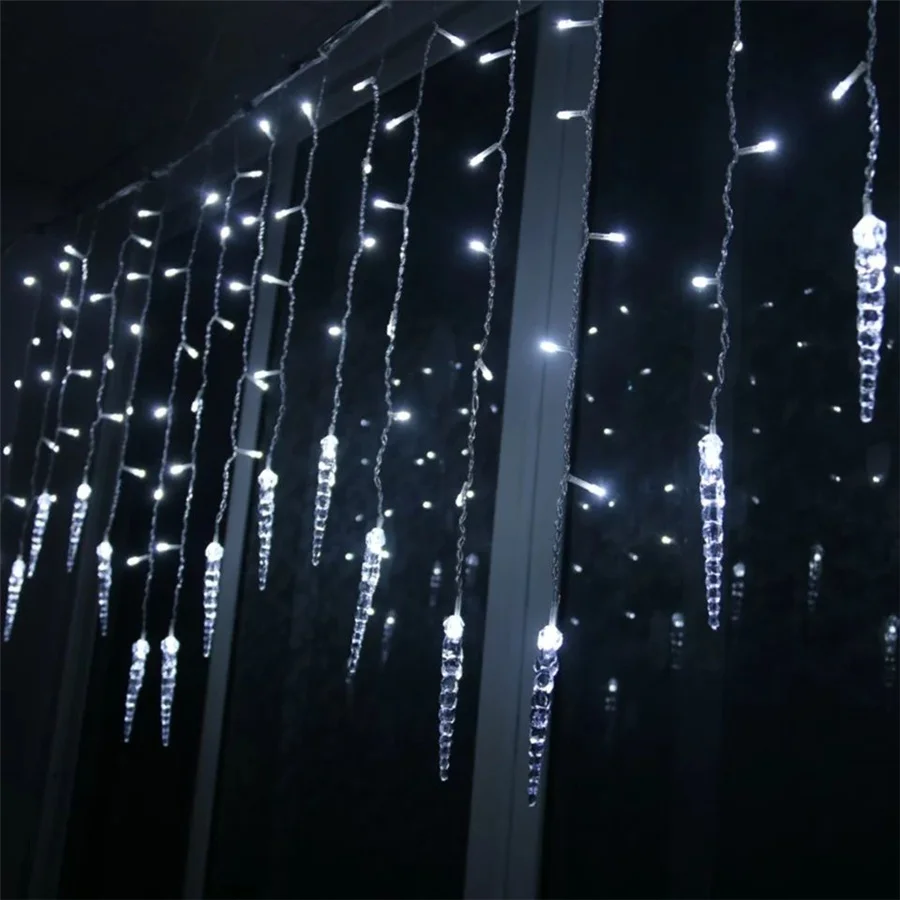 Impermeável LED Icicle Fairy Curtain Lights 8 Modos EU Plug 3.5M Natal Jardim String Luzes para Festa Casamento Garland Decor