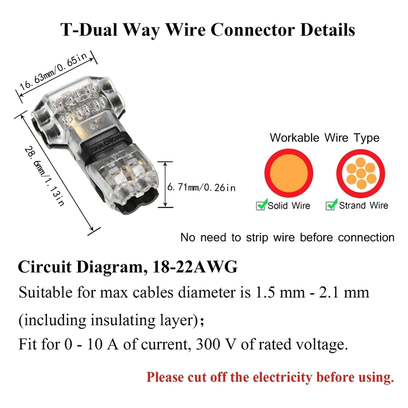 15 Pcs 3 Way 2 Pin Wire Connectors Low Voltage Universal Compact T-Tap Wire Connectors No Stripping For 18-22 AWG Cable image 4