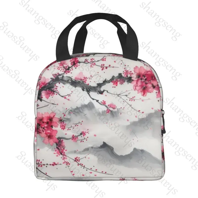 Ink painting cherry blossoms Print Insulated Thermal Bag Lunch bag Foods Drink Storage Leakproof Picnic Camping Bags Box beach