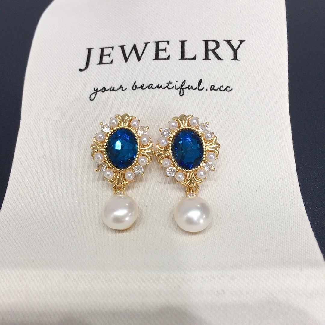 

ZHBORUINI 7-7.5mm 100% Freshwater Pearl Earrings Retro Dark Blue Zircon Beautiful Fashion Bread Beads For Women High Jewelry