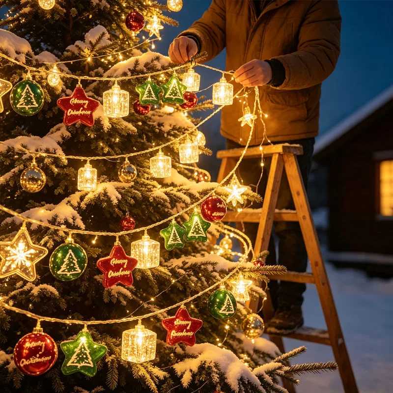 New Christmas String Lights Santa Claus Candy Cane Five Pointed Star Hanging Ornaments Merry Xmas Decoration for Party Fun Cute