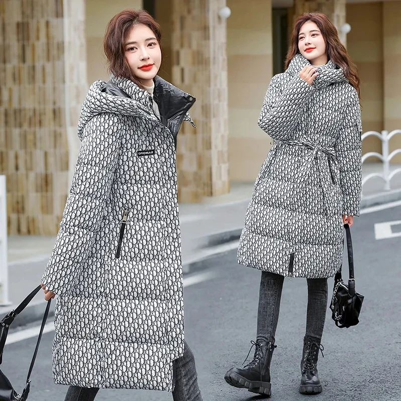 Winter Jacket Detachable Hat Printed Down Cotton Coat 2023 New Paraks Thicken Warm Long Padded Coat Womens Cothing Outerwear