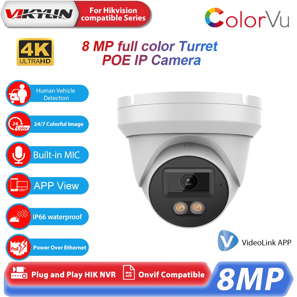 Vikylin 2.8mm Lens 4K 8MP Turret POE IP Camera Human Vehicle Detection Built in MIC Home CCTV Outdoor Security Camera Onvif IP66