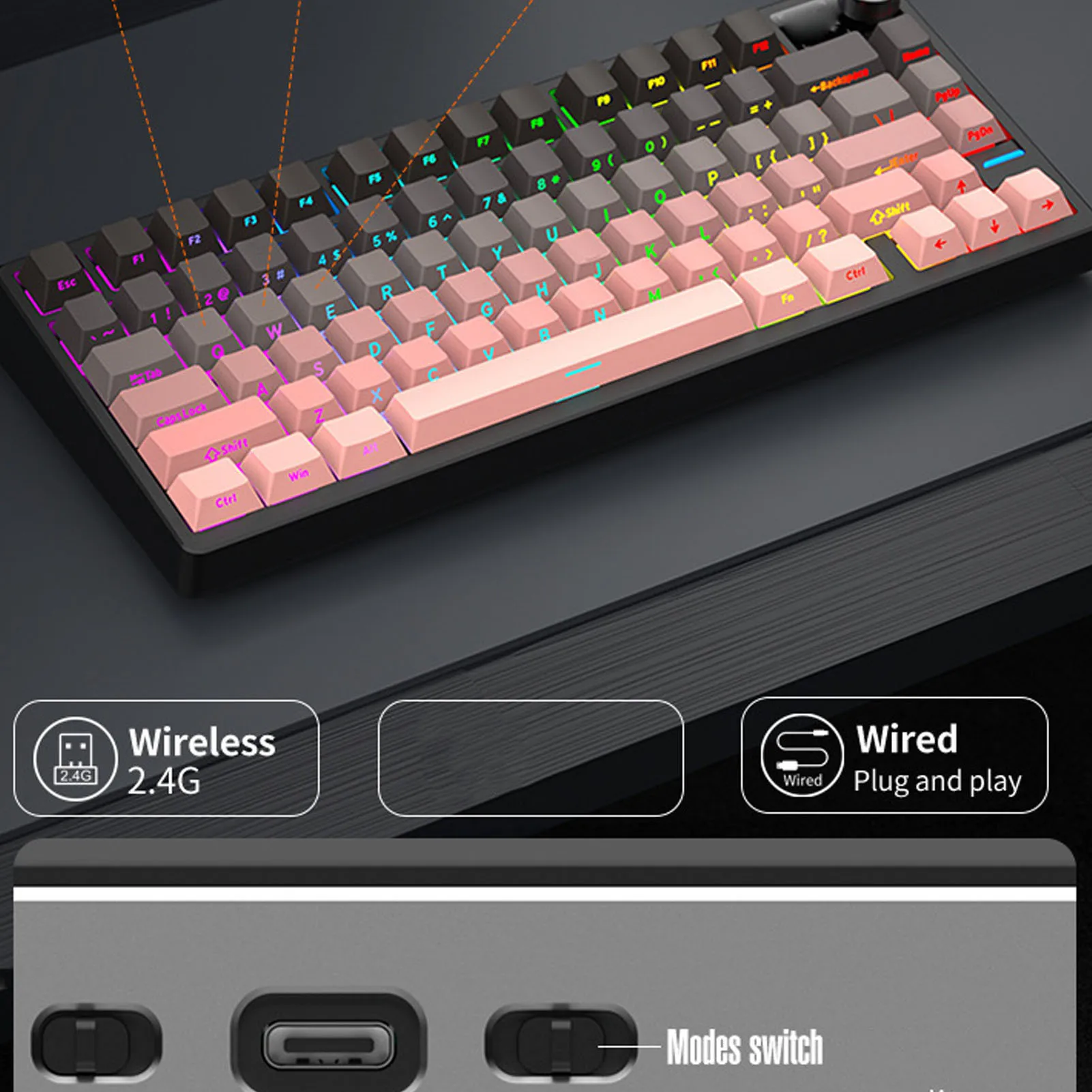 JK750 Mechanical Gaming Keyboard Wireless 3 Mode for Work Entertainment with Knob Side Engraved Keycaps Gradient