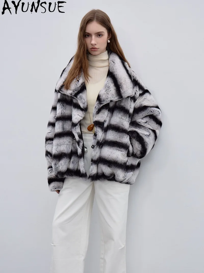 AYUNSUE Female Natural Rex Rabbit Fur Coat Oversized Reversible Clothes Women Warm Winter Clothing Real Fur Coat Loose Fit 2026
