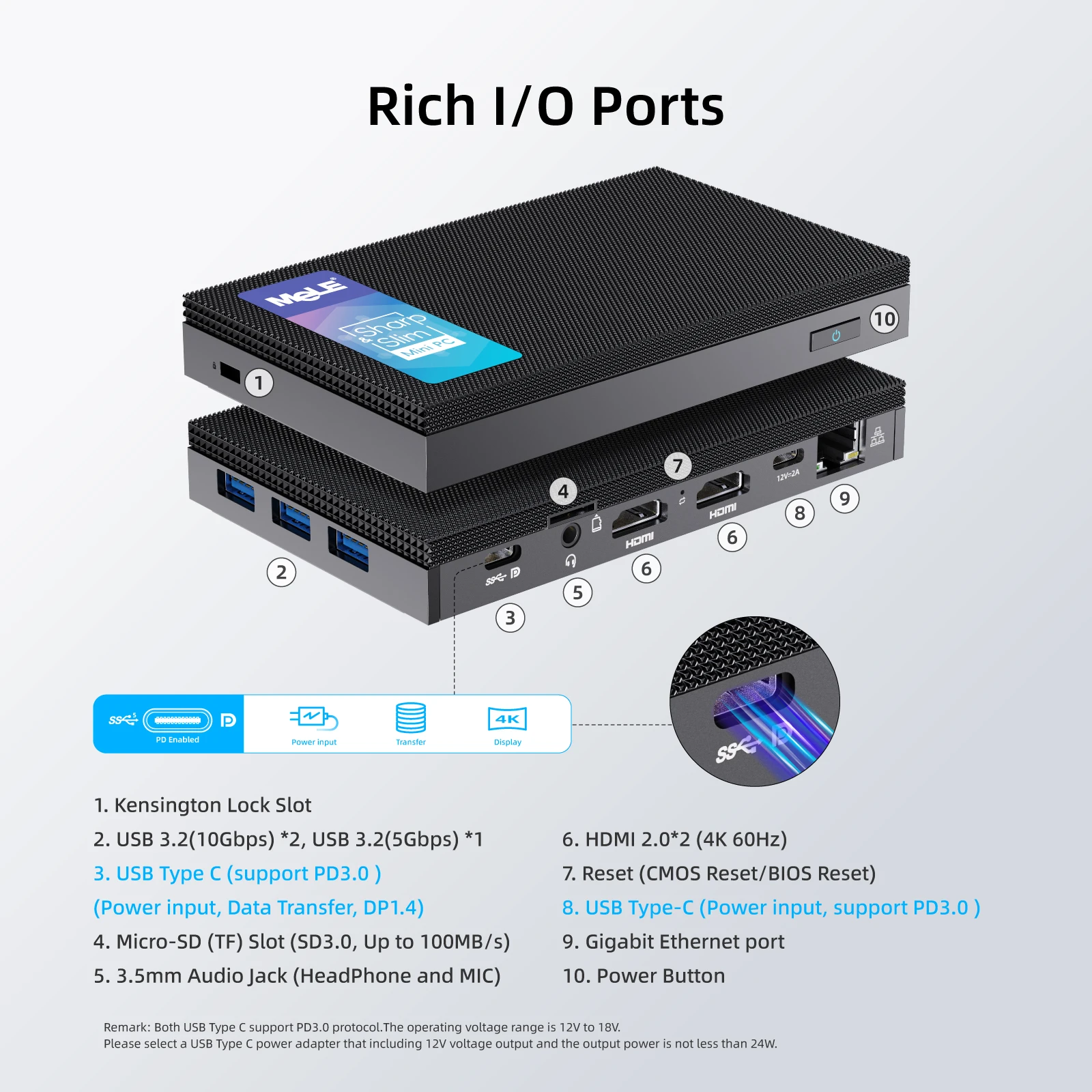 Imagem -02 - Mele Fanless Ultra Thin Mini pc Windows 11 Pro Celeron N5105 8gb 16gb 128gb 256gb 512gb Industrial pc Auto Power Micro pc Gigabit Ethernet Pxe Usb-c Wifi54k Dual Hdmi tipo Displaypd3.0 Quieter3c