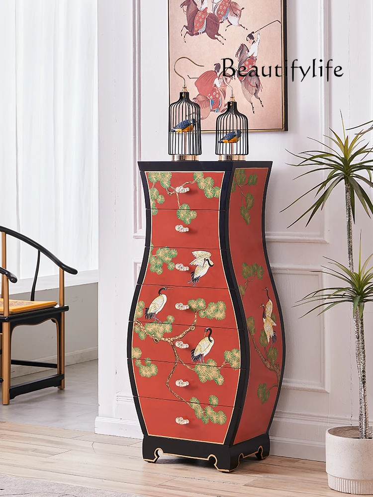 

New Chinese Style Red National Fashion Painted Bedroom Storage 7-Drawer Cabinet High Cabinet Multi-Drawer Curio Cabinet