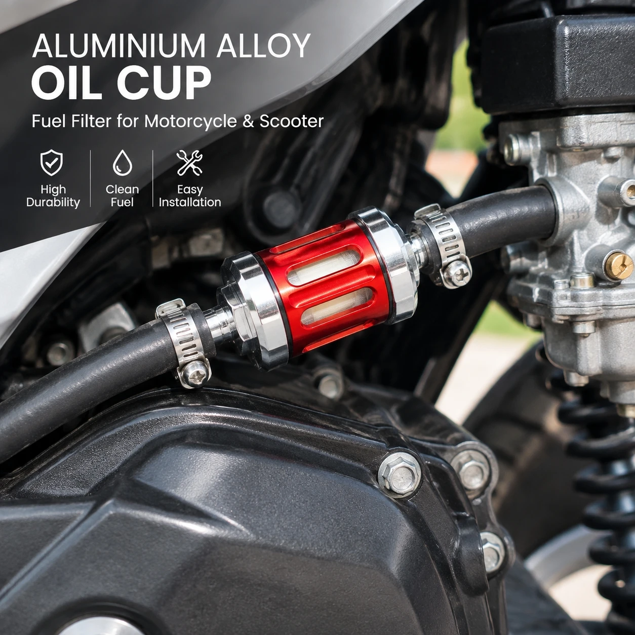 8mm Universal Motorcycle Fuel Filter CNC Alloy Oil Cup, Transparent Housing Gasoline Filter for Scooter Motorbike Fuel System