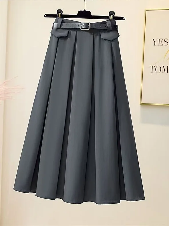

Summer plus Size Women's Suiting Skirt Drapey A-Line Midi Skirt Meat Concealing Pleated High Waist Commute Sle Korean Version