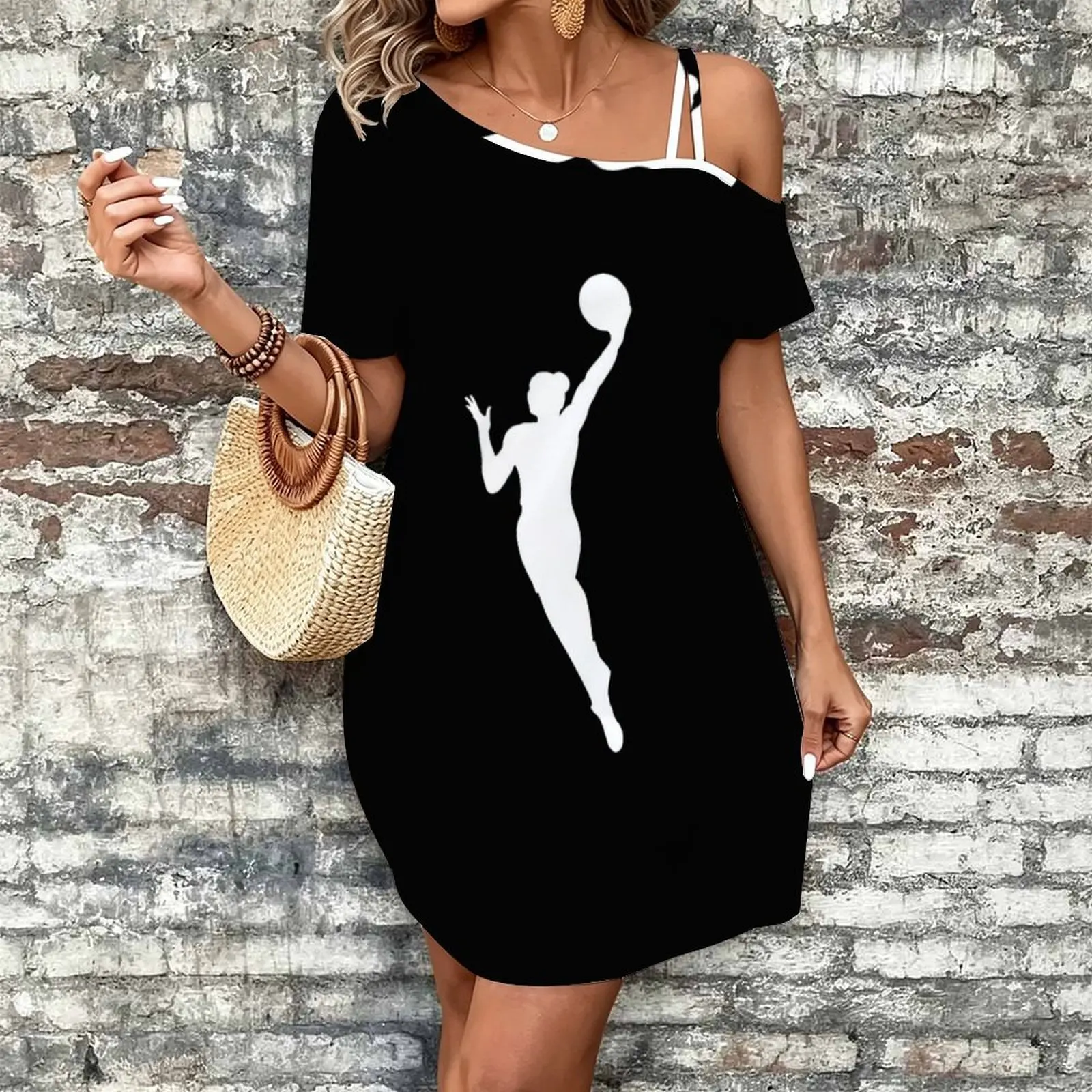 WNBA Logo T-Shirt Women's Slanted Shoulder Single Strap Short-Sleeved Dress