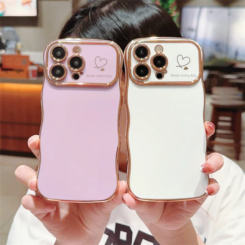 Phone Case For iPhone 16 15 14 13 12 11 Pro Max Plus Chic Cute Love Heart Camera Lens Protect Soft Shockproof Plating Wave Cover