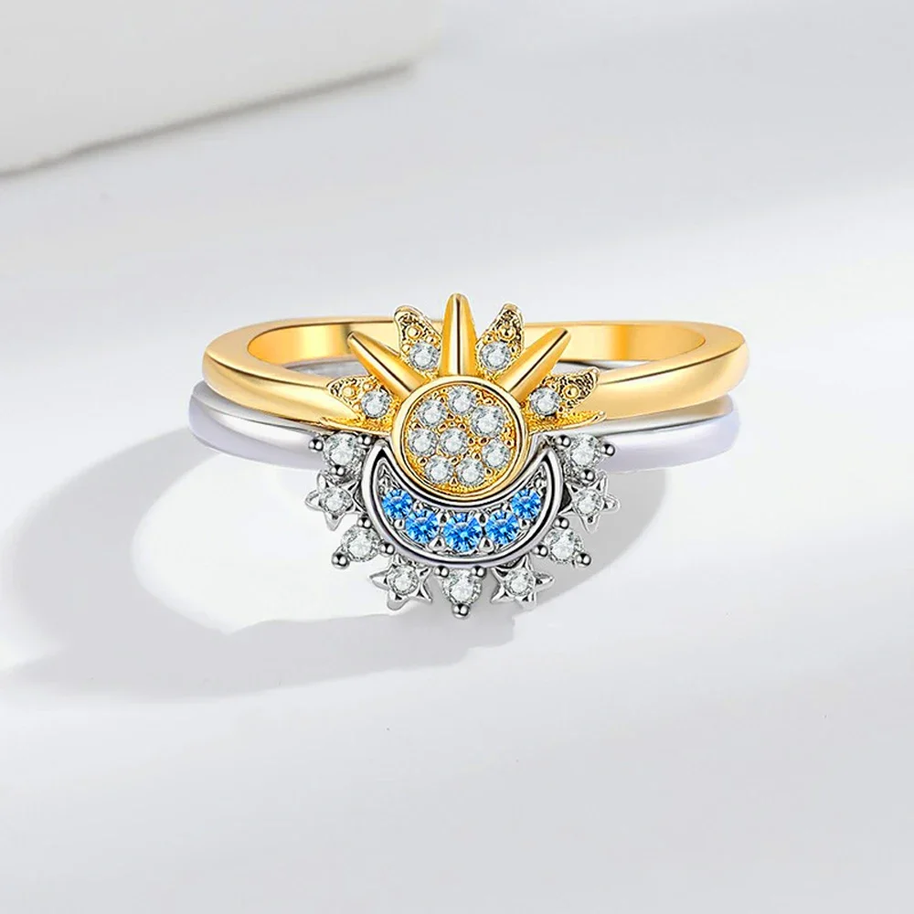 Fashion Star Moon Daily Wear Jewelry Stackable Rings Blue Sparkling Moon Sun Adjustable Ring for Women Engagement Jewelry Gift