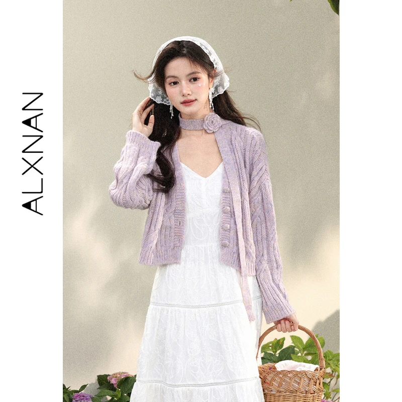 

ALXNAN Women's Cardigan 2026 Spring Purple V-neck Elegant Short Knit Sweater Long Sleeve Casual Loose Fashion Tops Female L61236