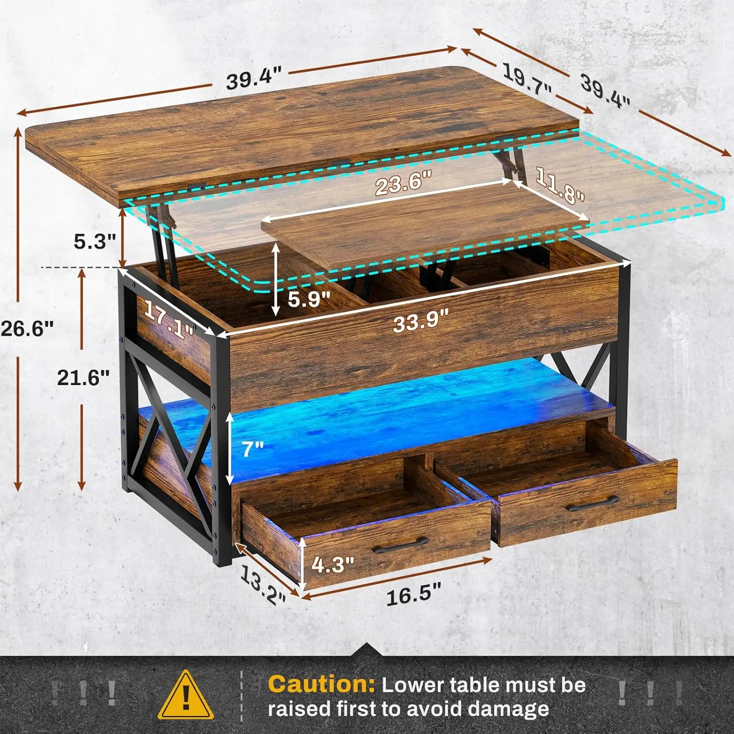 Mesa de centro elevable de 40", mesas de centro 4 en 1 con almacenamiento para sala de estar, mesa de centro de granja con 2 cajones y luz LED