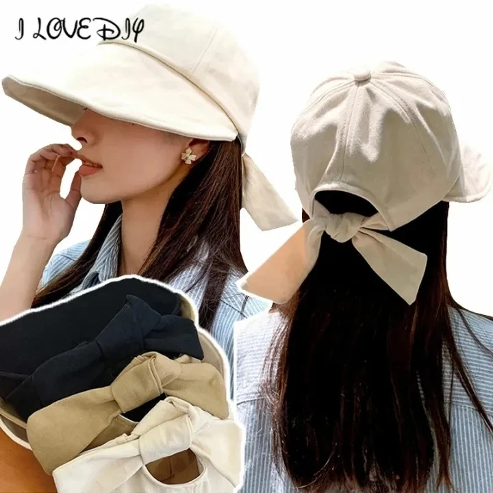 Women Summer Soft Cotton Ponytail Bucket Hat Outdoor Hat with Sun Hats Beach Fisherman Cap Adjustable Panama Bow Foldable