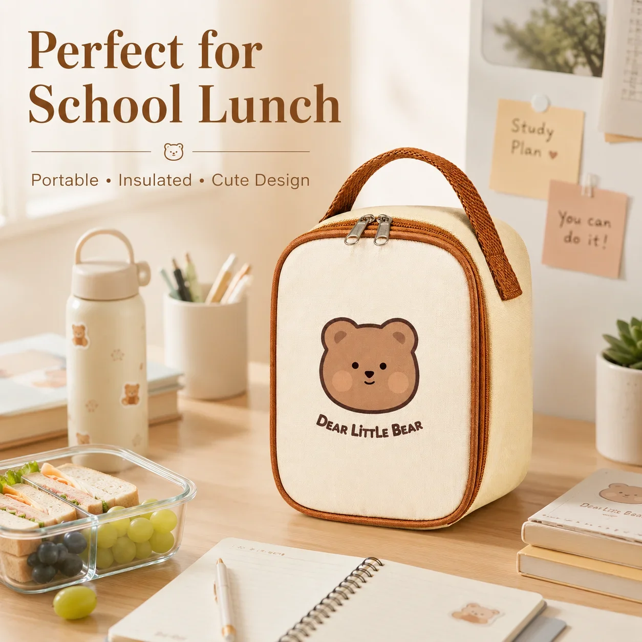 Cartoon Insulated Lunch Bag, Thermal Bento Carrier for Students, Portable Food Tote for School and Picnic