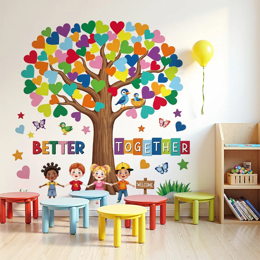 Colorful Heart Tree Wall Sticker For Children's Room Kids Room Cartoon Stickers Removable Vinyl Nursery Classroom Decor