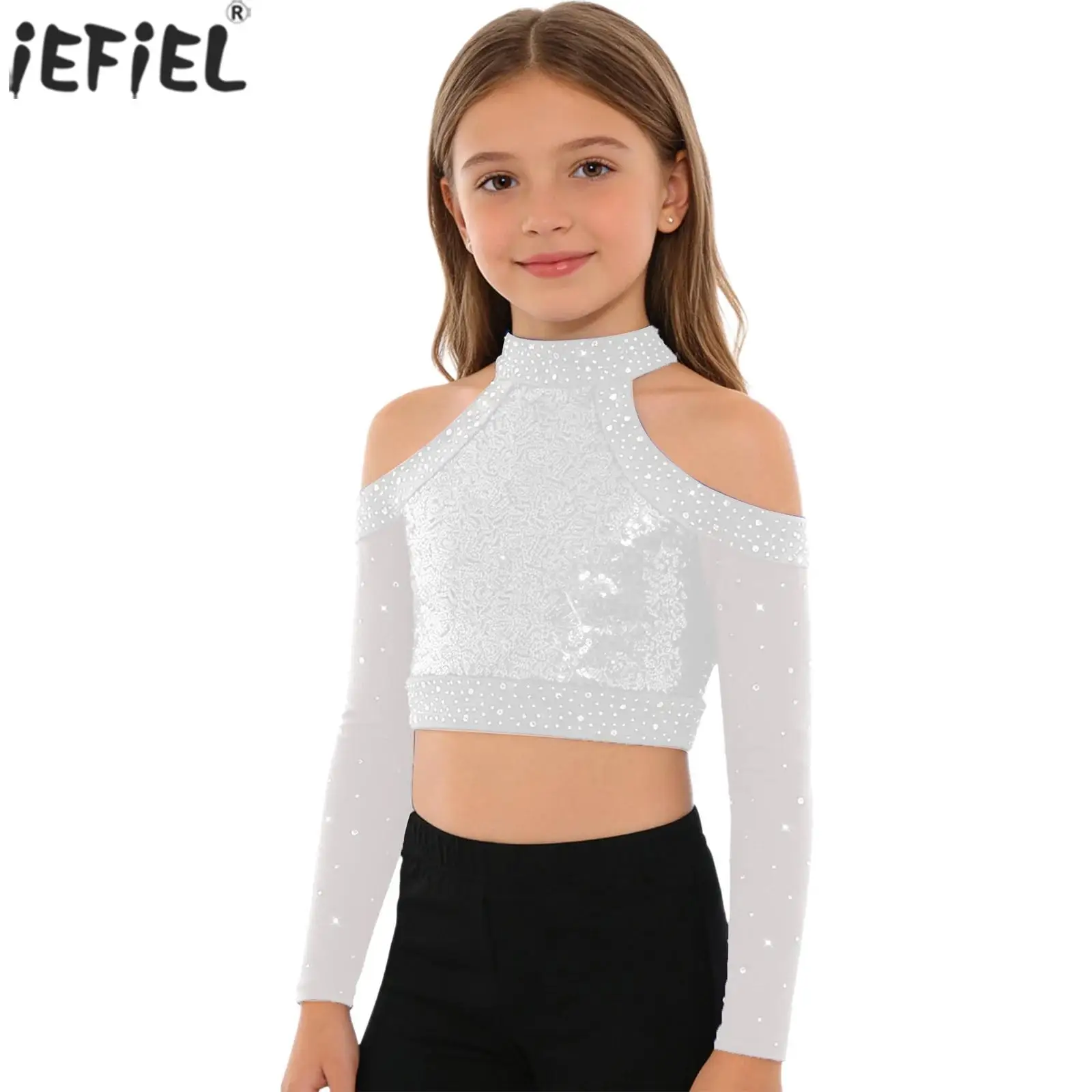 Kinder Mädchen Glänzende Pailletten Ballett Tanz Gymnastik Crop Tops Langarm Strass T-Shirts Top für Cheerleading-Auftritte