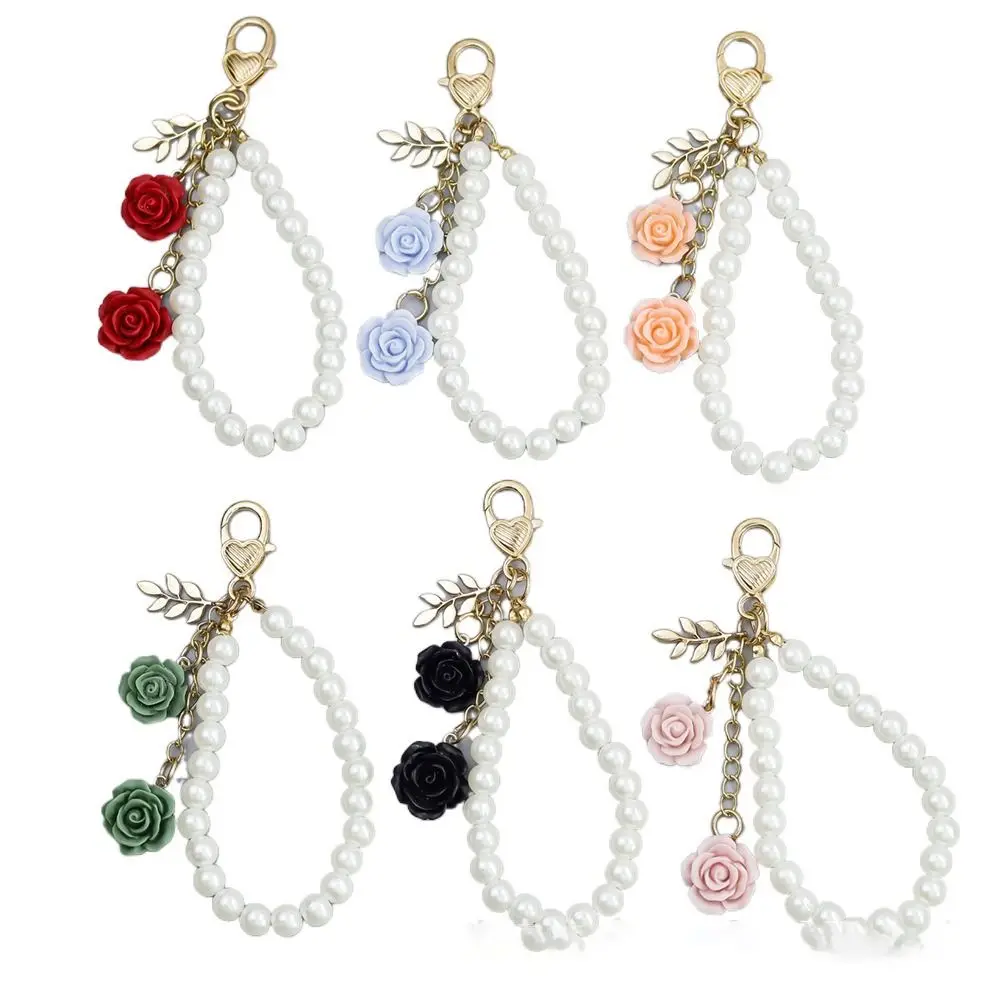 3D Rose Leaf Pearl Keychain Keyring Metal Elegant Bag Pendant Bag Accessory for Handbag 2024 Fashion Gift