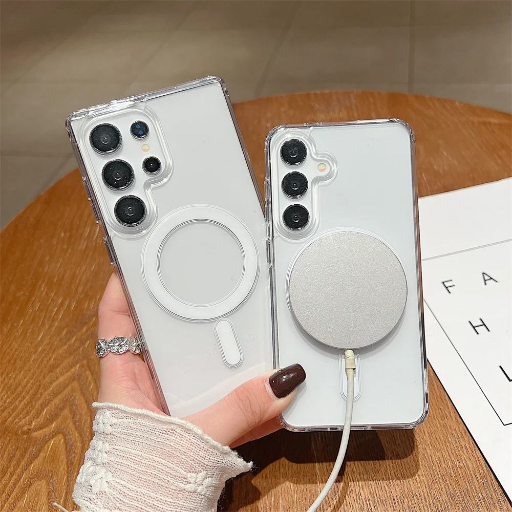 Casing akrilik Magsafe transparan untuk Samsung Galaxy S25 Ultra S24 S22 Plus S23 S21 FE A16 A15 A35 A55 penutup bening magnetik