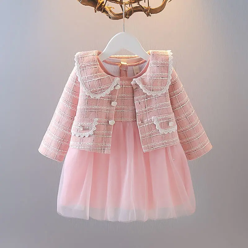 2023 Spring Girls Fashion 2pcs Plaid Dress Baby Kids Children Clothing Set Including Coat+ Dress