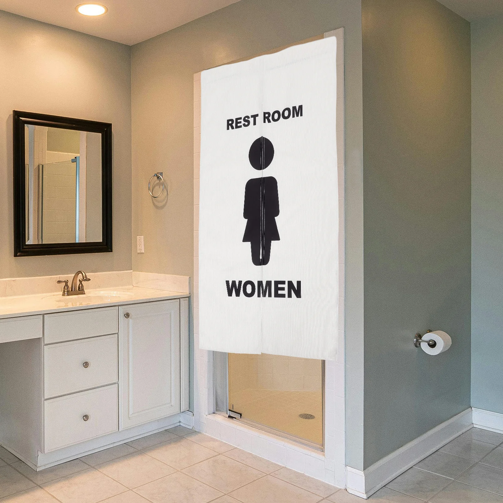 

1Set Stylish Toilet Doorway Curtain Wear Resistant Half Cover No Punch Setup for Office Mall Restroom Decorative Use