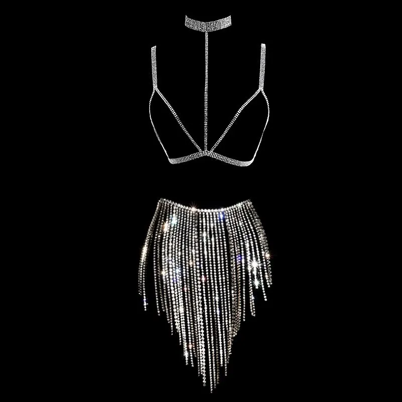 Luxury Fashion Shiny Rhinestone Bikini Body Chain Set Ladies Nightclub Sexy Crystal Bra Necklace and Long Fringe Skirt Wholesale