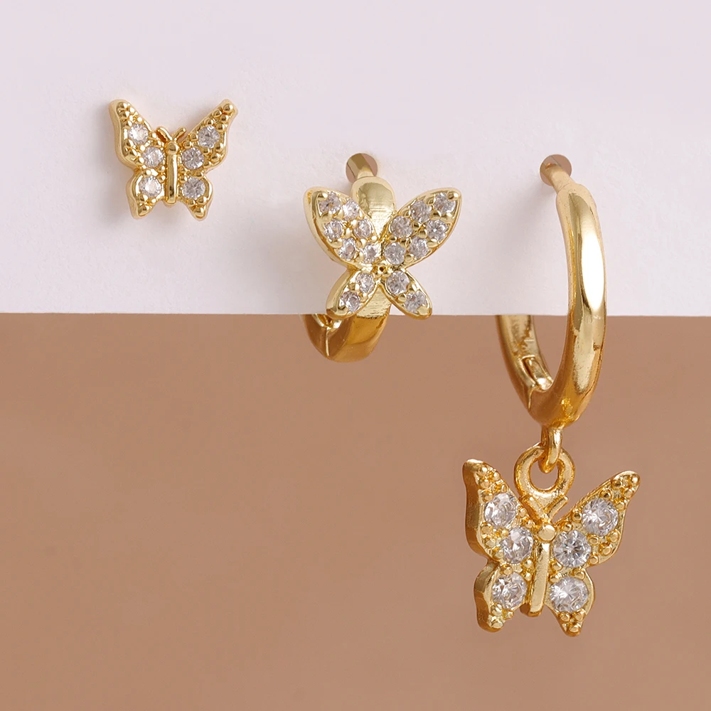 3PCS Elegant Butterfly CZ Charms Hoop Earrings Set For Women Stainless Steel Cubic Zirconia Huggie Cartilage Piercing Jewelry