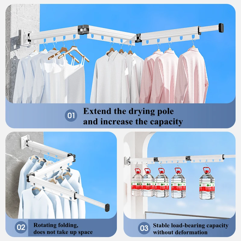 No punching Folding Clothes dryer Wall Mounted Drying Rack white Alloy Clothes Hanger Indoor Retractable Cloth Rack Space Saver