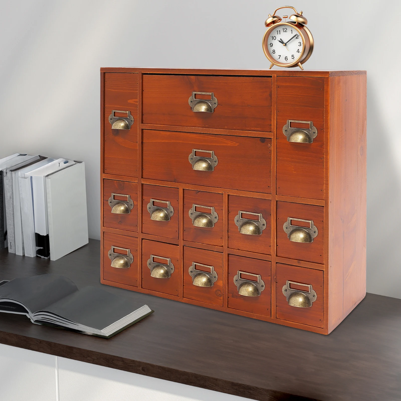 Organiseurs de tiroirs couleur brun vieilli, armoire à pharmacie à 14 tiroirs, en fer et bois, style rétro vintage, grande capacité, pour bureau, cuisine, rangement