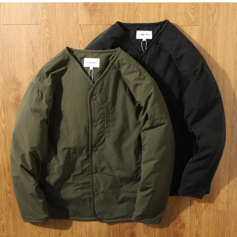Men's fashionable collarless fleece jacket windproof workwear jacket retro snap button cotton jacket