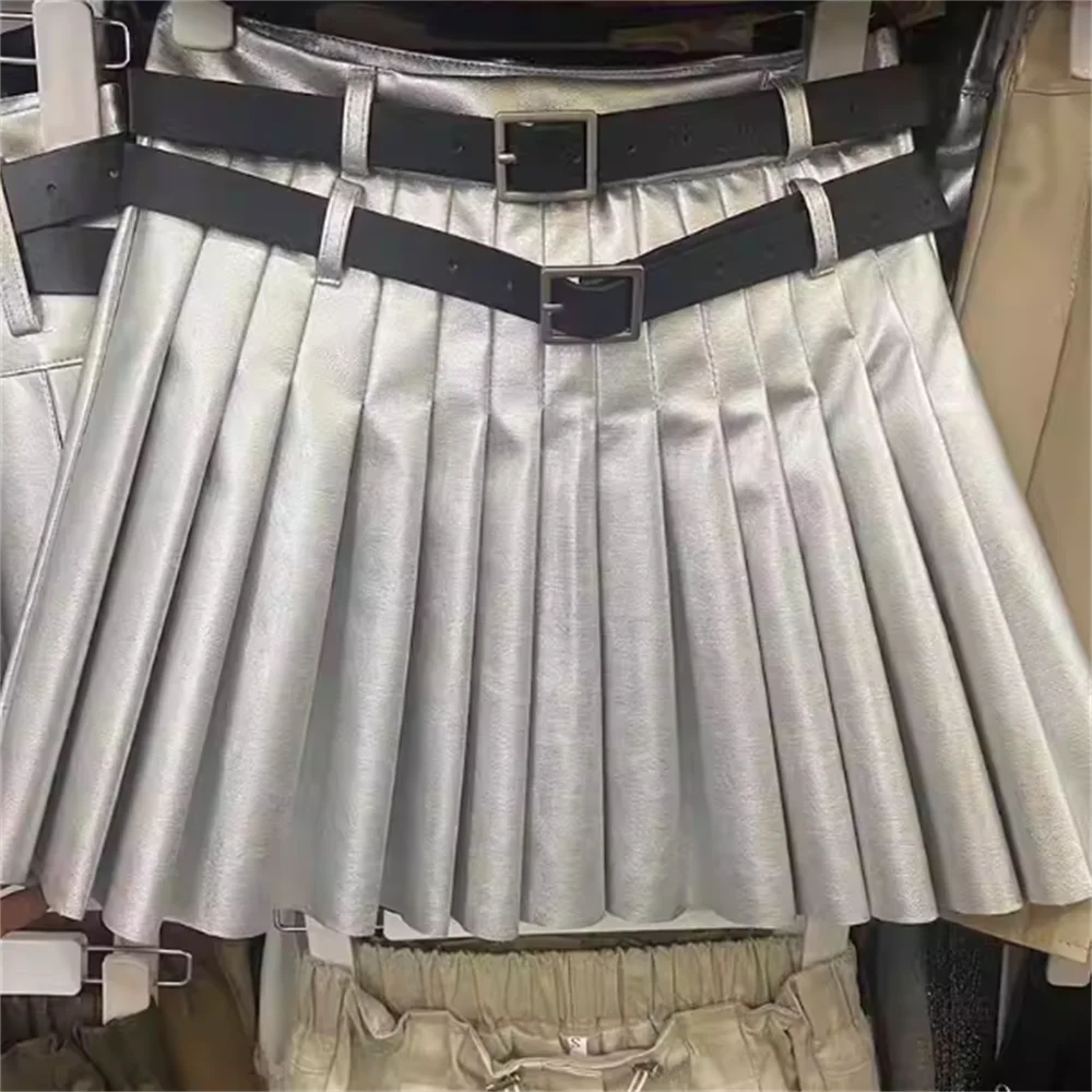 

High-waisted double belt bright pu leather skirt pleated sexy pure-color skirt