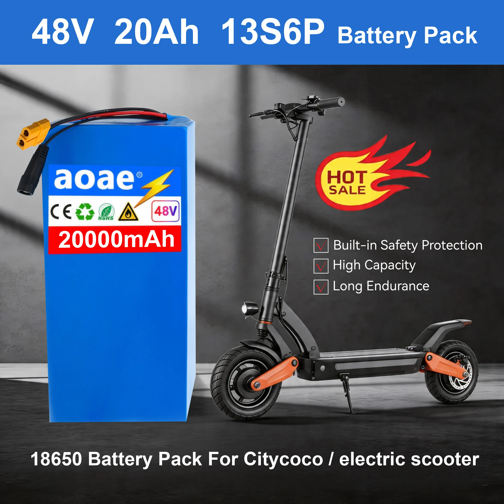 Custom Version 48V Lithium Battery Pack 20Ah 13S6P 18650 Grade A Cells Built-in BMS   500W-2000W T-XT60 for Electric Scooter