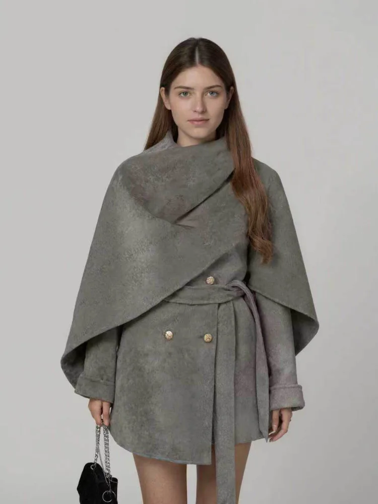 CiCi 2025 خريف شتاء موضة جديدة من الصوف مثل معطف كيب عباءة مع وشاح للنساء أنيقة مكتب العمل ملابس يومية #6