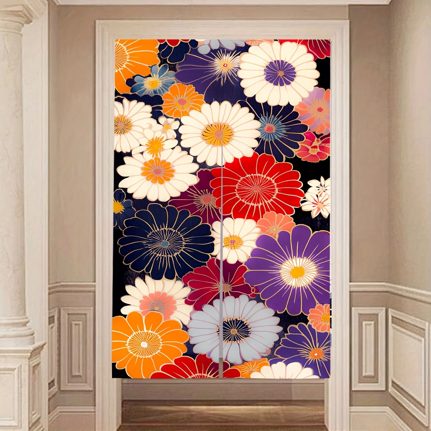 

Красочная занавеска с хризантемой, подходящая для использования в качестве перегородки в области, таких как спальня и кухня.